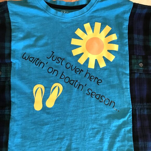 Flannel Tee Upcycle, Size M-L: Oversized Teal Boating Season Graphic Shirt - Picture 7 of 12